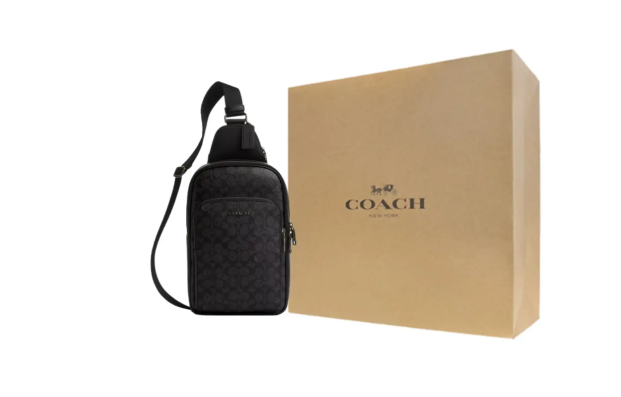 

COACH Этан Сумка-кошелек малая мужская из лакированного полотна с телячьей кожей бронзовый и древесный уголь и черный