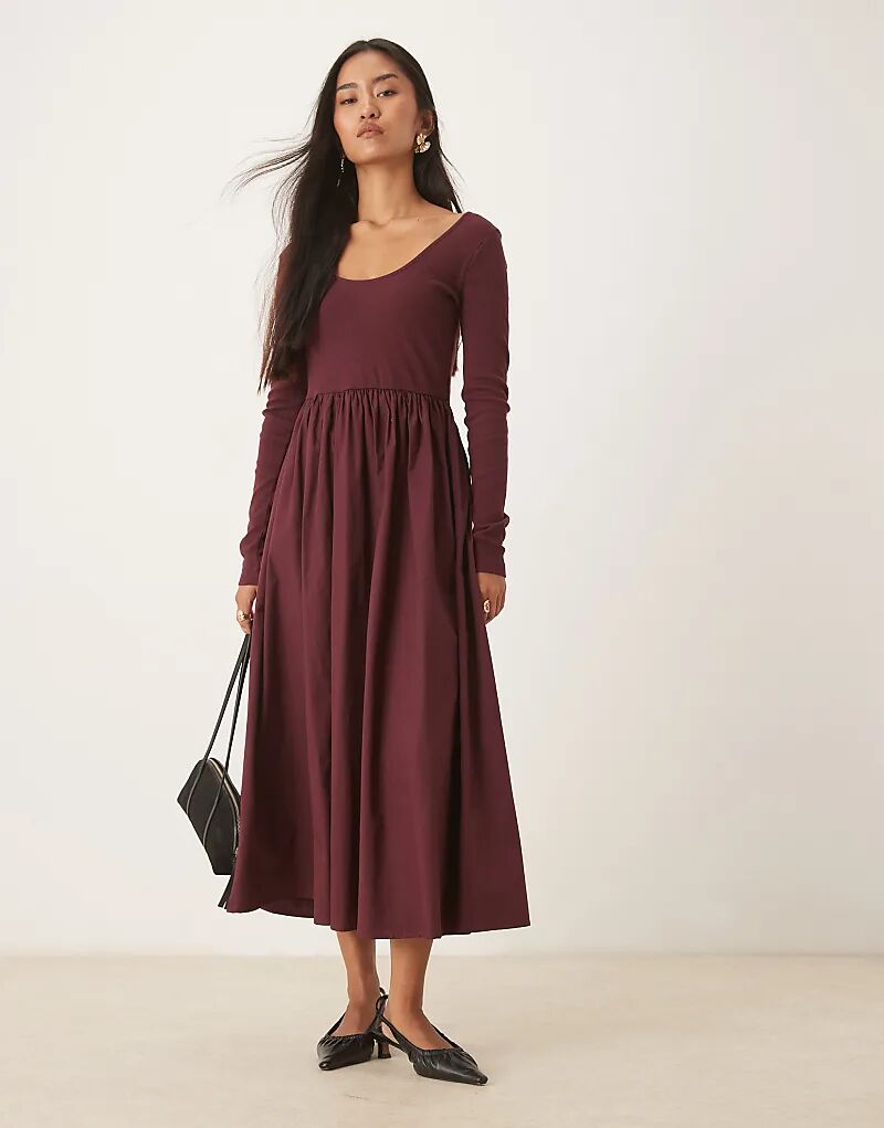 

Платье мидакси из поплина Nobody's Child с круглым вырезом, в рубчик, бордового цвета