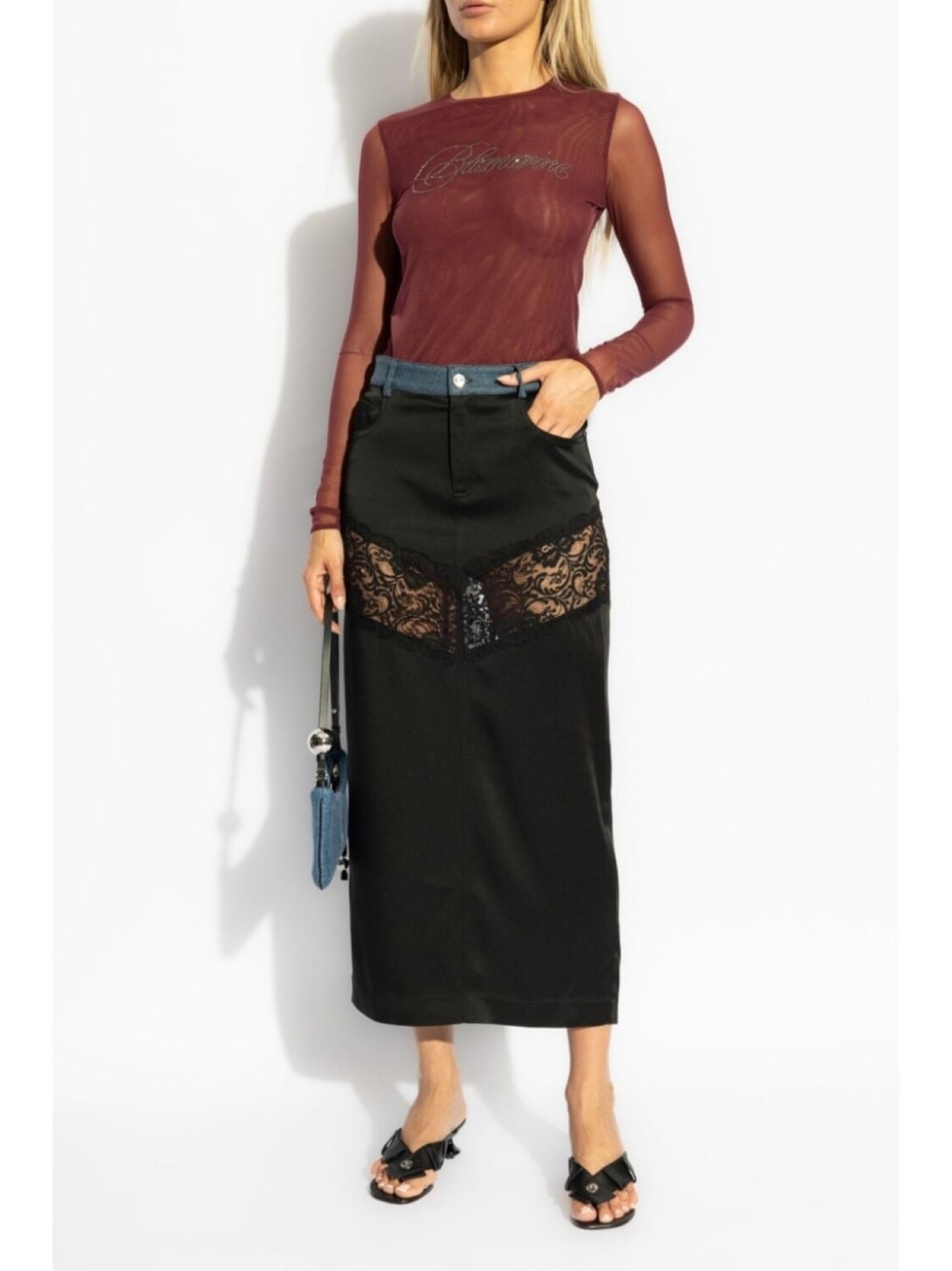Blumarine длинная прямая юбка с кружевной вставкой, черный — фото 2