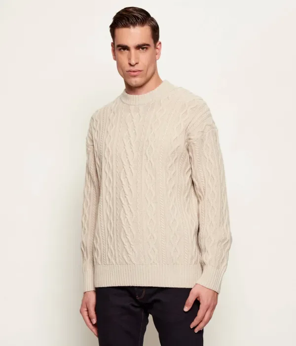 Шерстяной свитер Kableto loose fit Boss Orange, бежевый