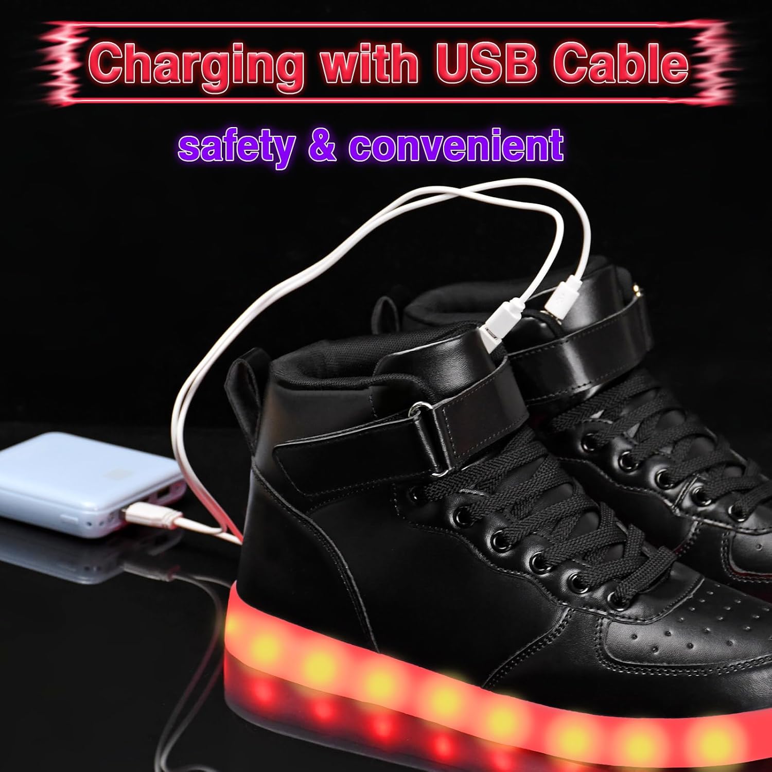 Светящиеся кроссовки для женщин и мужчин, USB-зарядка, светодиодные блестящие кроссовки с цепочкой, высокие кеды, танцевальные туфли, светящиеся мерцающие кроссовки для Хэллоуина Bosenhulu, черный — фото 3