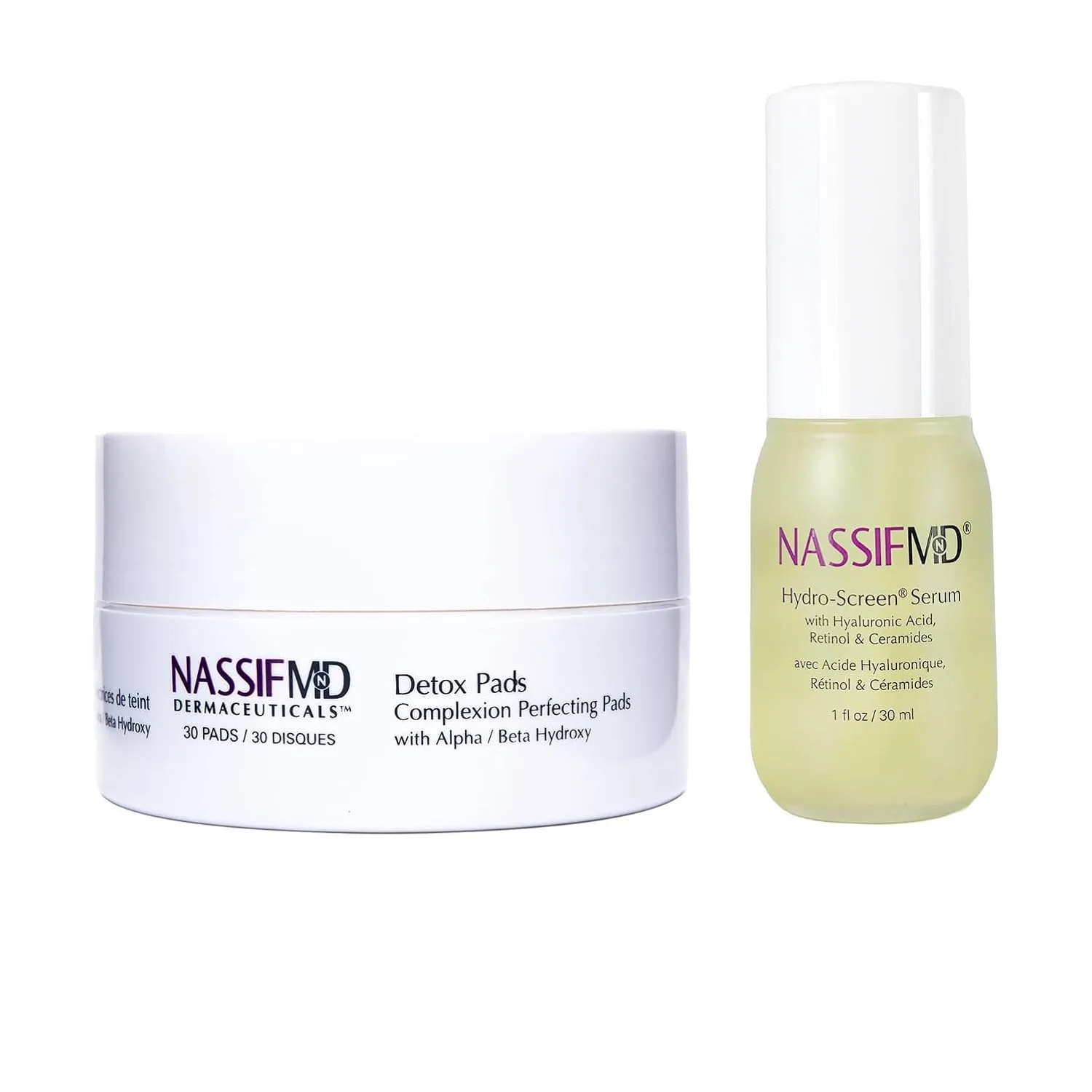 Набор NassifMD Detox Pads и Hydro Screen Serum, эксфолиация и увлажнение, гликолевые салфетки и ретиноловый сыворотка, отшелушивающие салфетки для лица и сыворотка с церамидами