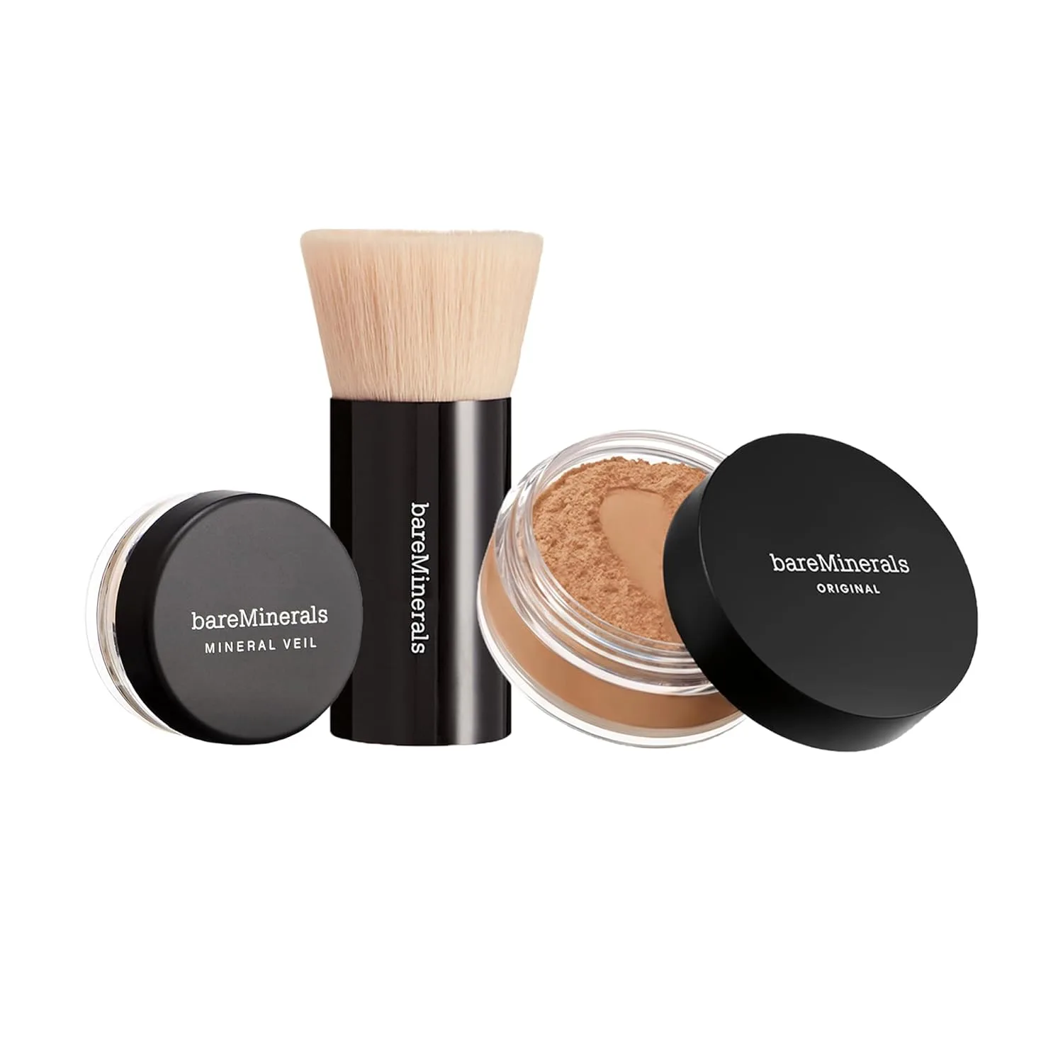 bareMinerals Original Get Started Kit, набор макияжа из 3 предметов: полноразмерная рассыпчатая минеральная тональная основа SPF 15, дорожная кисть Beautiful Finish и фиксирующая пудра Original Mineral Veil, AE Medium Tan