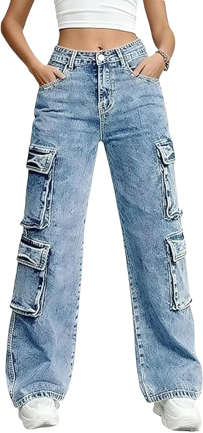 

Cuyulitcik Stрастягивающиеся джинсы для женщин plus size багги карго высокие QERINTE