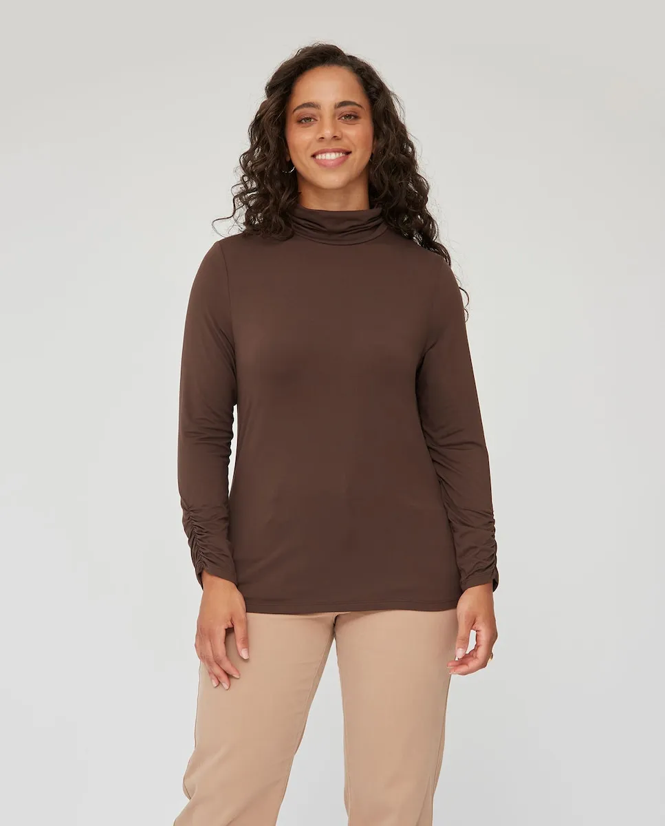 

Женская футболка с высоким воротником и сборкой October, темно-коричневый