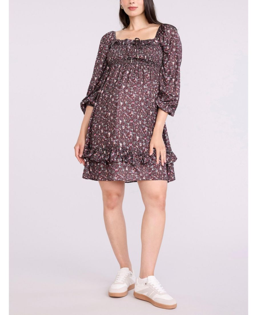 

Женское мини-платье-бэбидолл с длинными рукавами и сборками - для беременных Motherhood Maternity, Tawny port floral