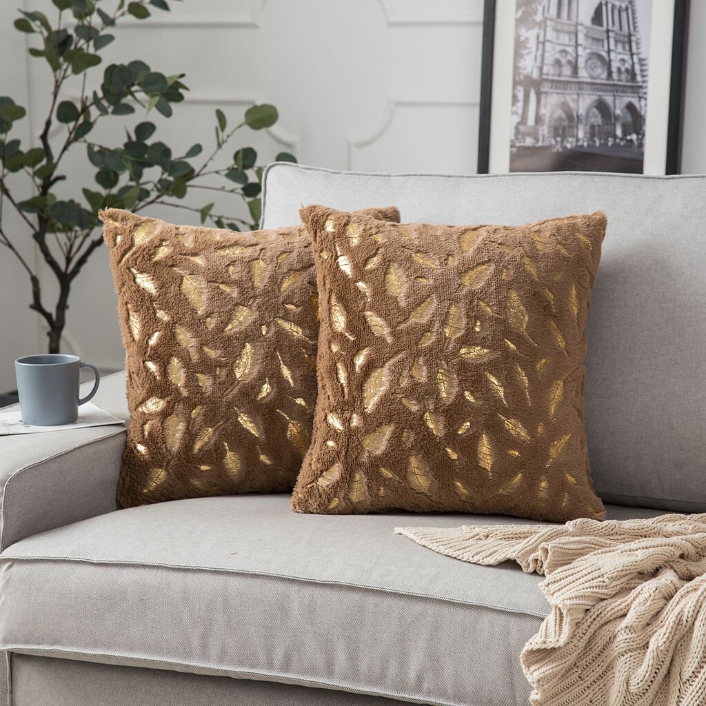 

Набор из 2 плюшевых чехлов 45 x 45 см. Декоративный чехол на подушку с золотым пером для дивана, дивана, украшения для домашней кровати, коричневый PMS