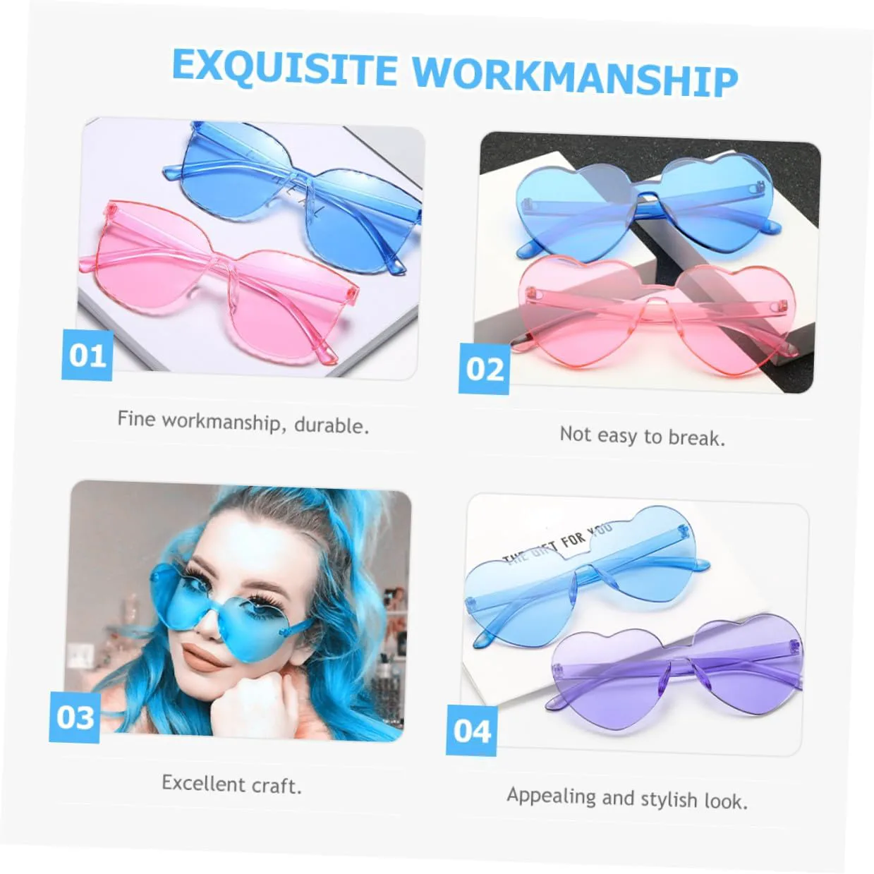 

SUPVOX 4 шт. Солнцезащитные очки в форме сердца для женщин, без оправы, желейные, цветные, с защитой от УФ-излучения, для летнего отдыха на пляже и путешествий