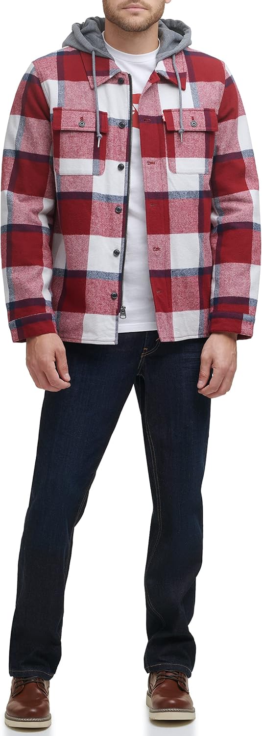 Мужская клетчатая куртка-рубашка Levi's с капюшоном и подкладкой из шерпы (стандартные размеры, большие и высокие), Red Navy Skater Plaid — фото 3