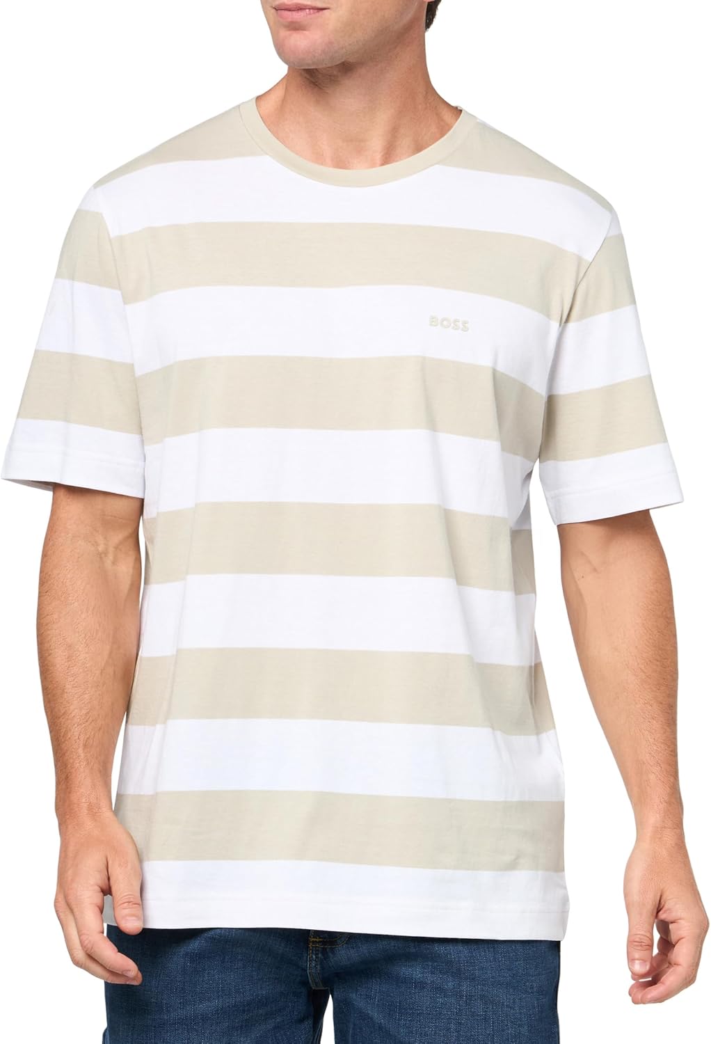 

Мужская футболка BOSS с коротким рукавом и ярким логотипом, Peyote Beige Stripe, Бежевый, Мужская футболка BOSS с коротким рукавом и ярким логотипом, Peyote Beige Stripe