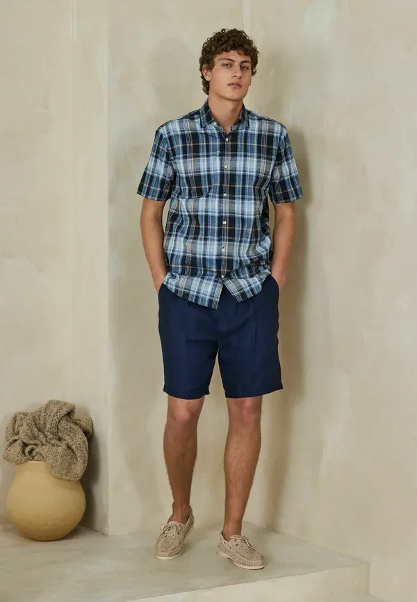 Рубашка Next, Regular fit cotton linen check short sleeve shirt, синий мадрас — фото 4