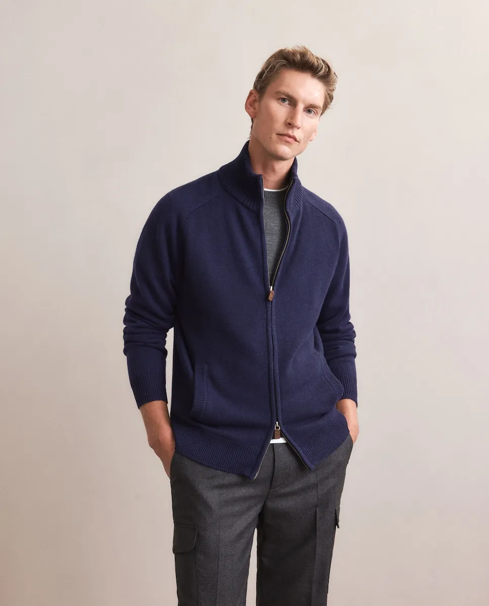 

Мужской свитер с полуводолазкой из гладкой кашемировой шерсти Emidio Tucci, темно-синий