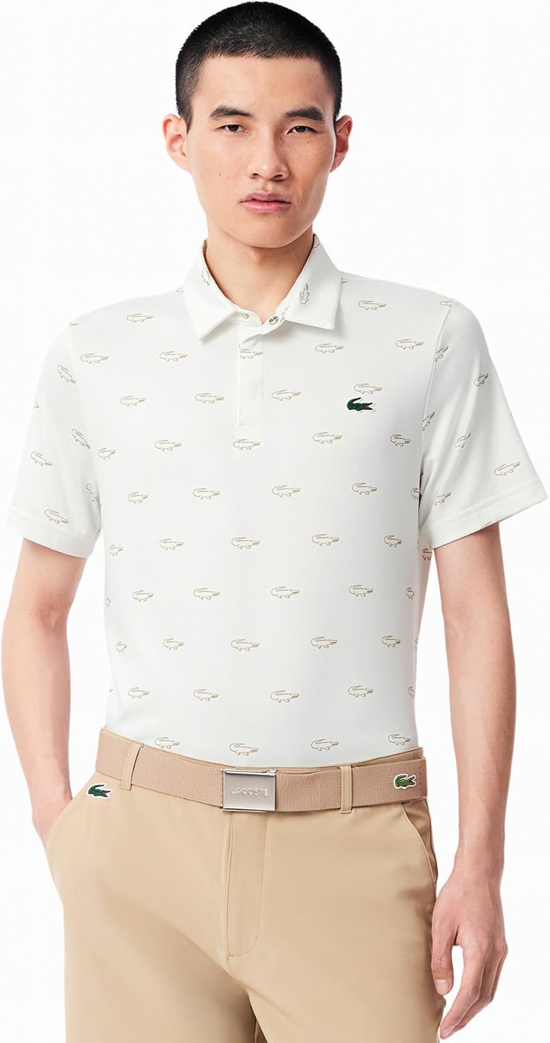 Мужская рубашка-поло для гольфа LACOSTE Защита от УФ-излучения, минималистичный принт по всей поверхности, скрытая передняя часть, сверхбыстрая сушка, белый — фото 2