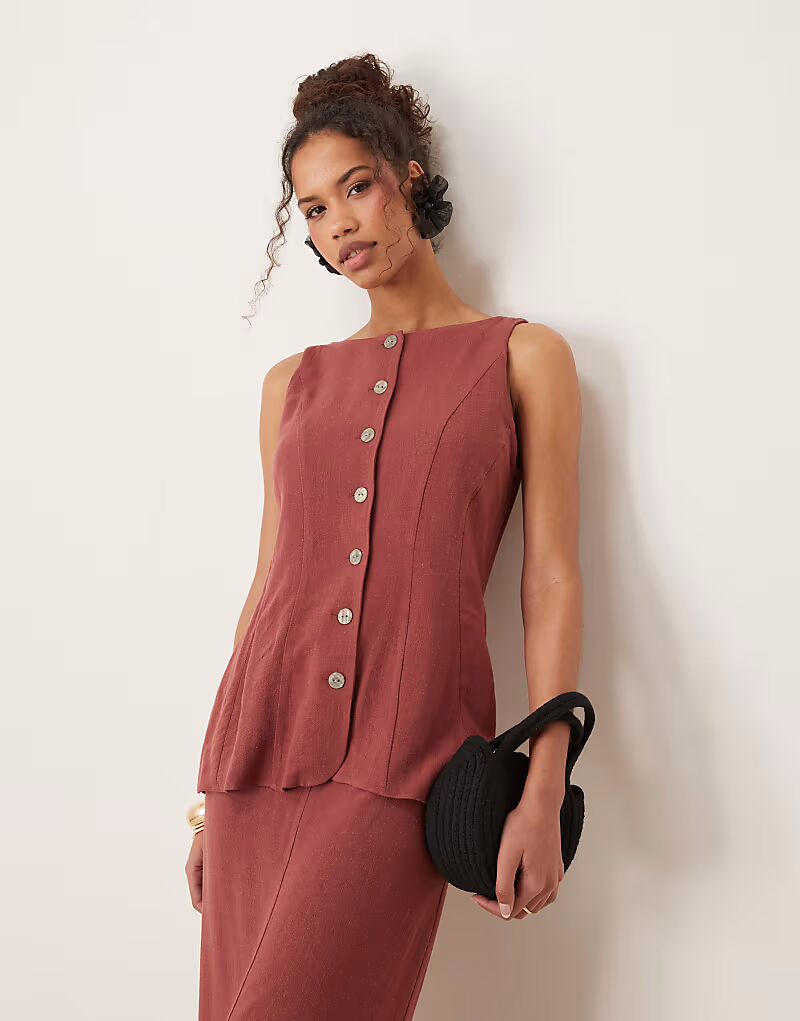 

Платье-миди с жилетом из льна ASOS DESIGN цвета яблочного масла