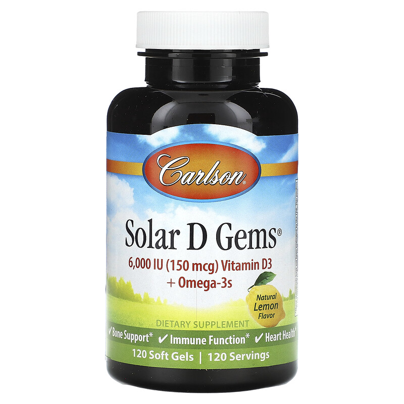 

Carlson, Solar D Gems, витамин D3 и омега-3, натуральный лимон, 120 мягких таблеток