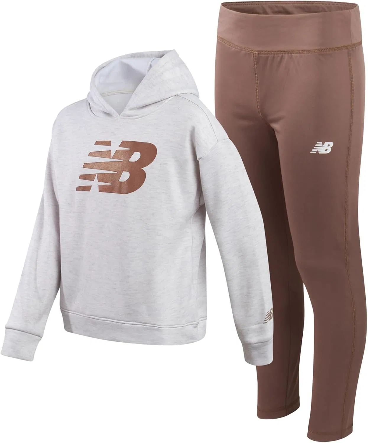 Комплект леггинсов New Balance для девочек - 2 предмета: пуловер, толстовка с капюшоном и спортивные леггинсы, детский спортивный костюм (7-12 лет), Oatmeal Oak
