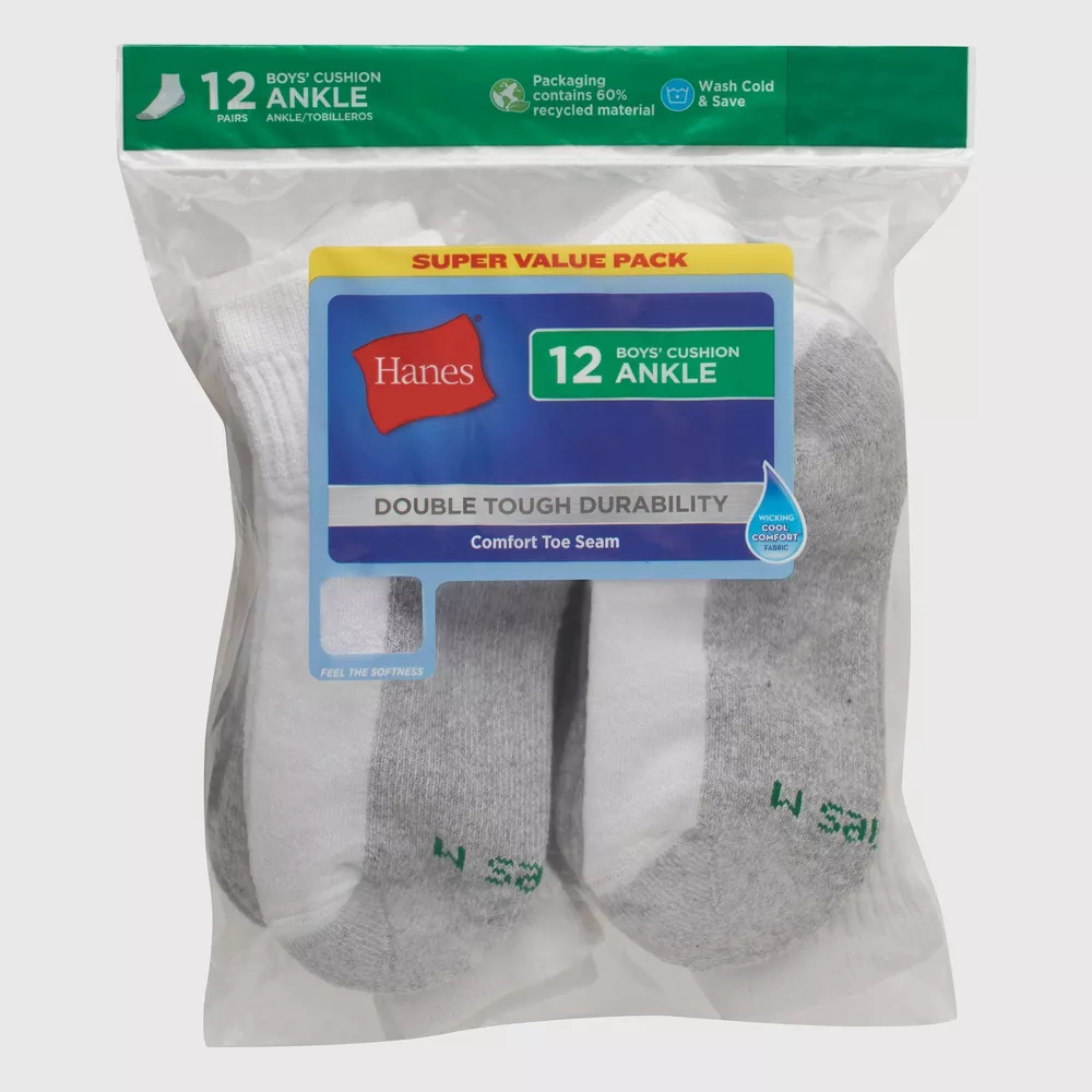 Носки Hanes Boys' 12pk с мягкой подошвой для занятий спортом, цвет White — фото 2