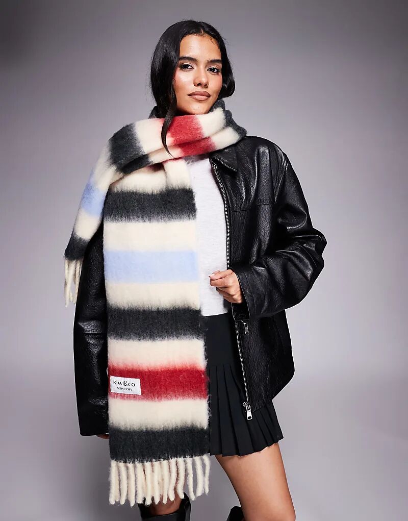 

Большой шарф Kiwi & Co Sweet Mind с кисточками и начесом, кремового цвета, в многополосную расцветку