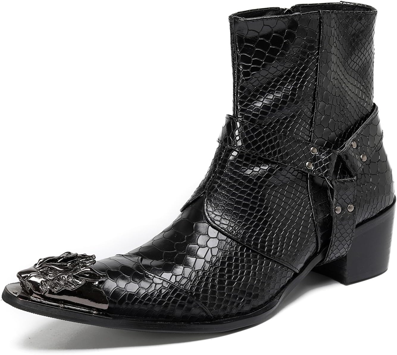 

Мужские ботинки Santimon из натуральной кожи на щиколотку в западном стиле - черные ковбойские ботинки Chelsea с тиснением под крокодила, с металлической головкой льва и кожаной пряжкой для вечеринок, баров и дискотек