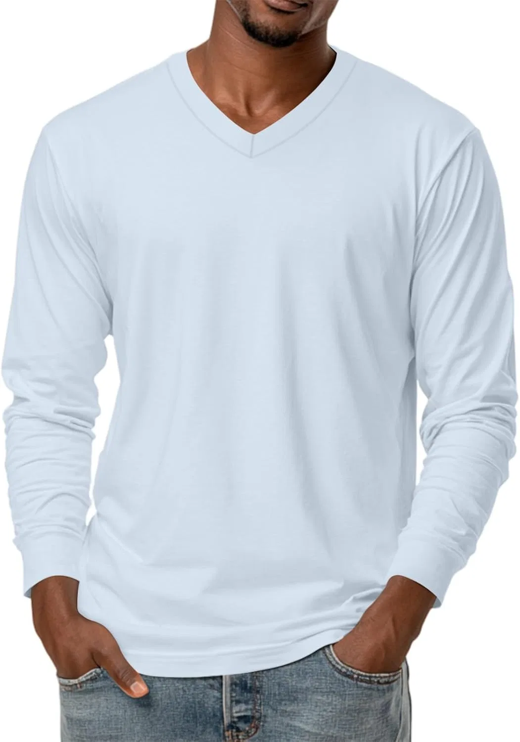 Футболка с длинным рукавом V-образным вырезом, 2-light Blue, M-3XL