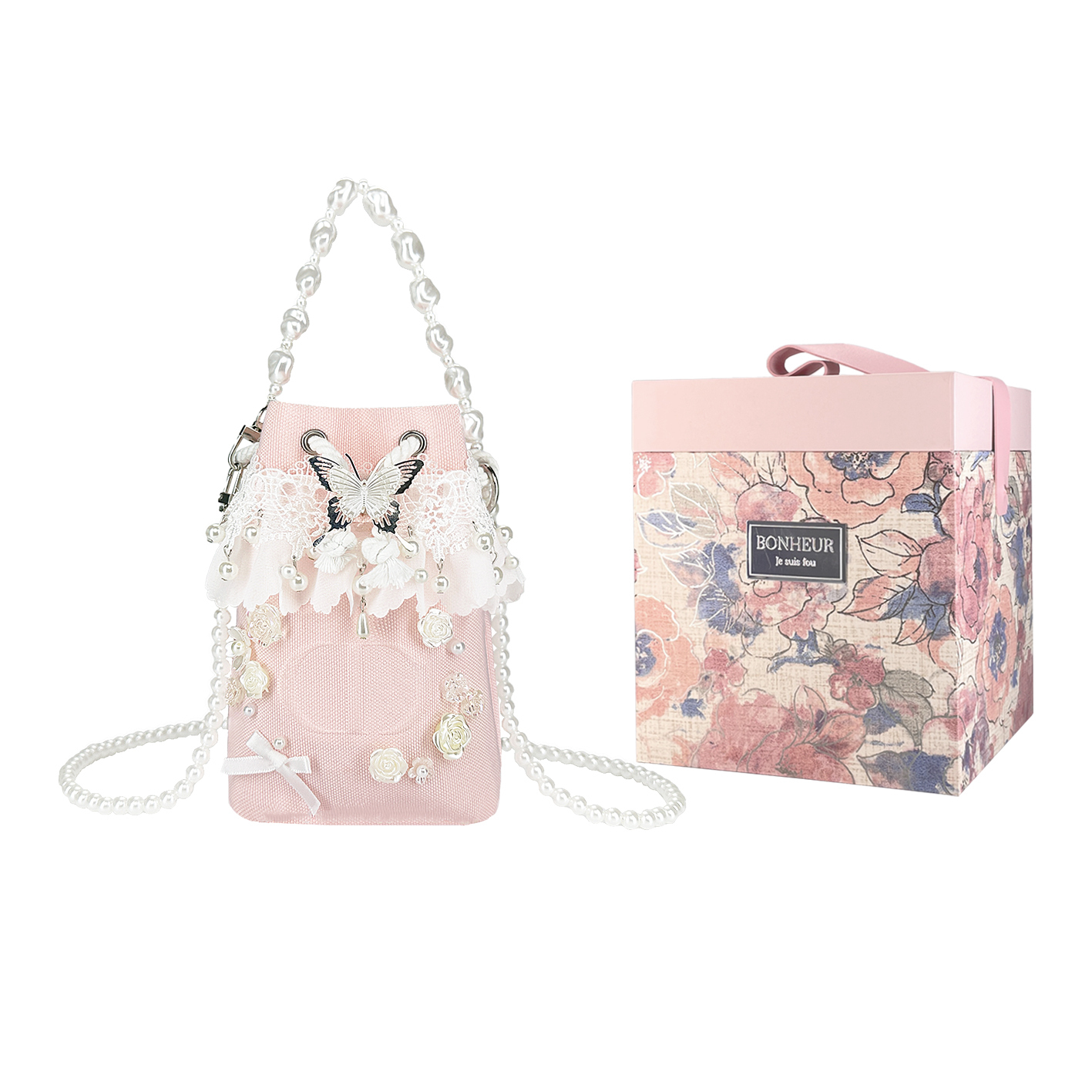 Косметичка Dior с кружевом, жемчугом и декоративной бабочкой, розовый + коробка — фото 2