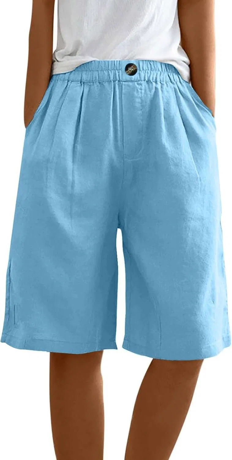 Бермуды женские с высокой талией, Cotton Linen, Sky Blue — фото 3