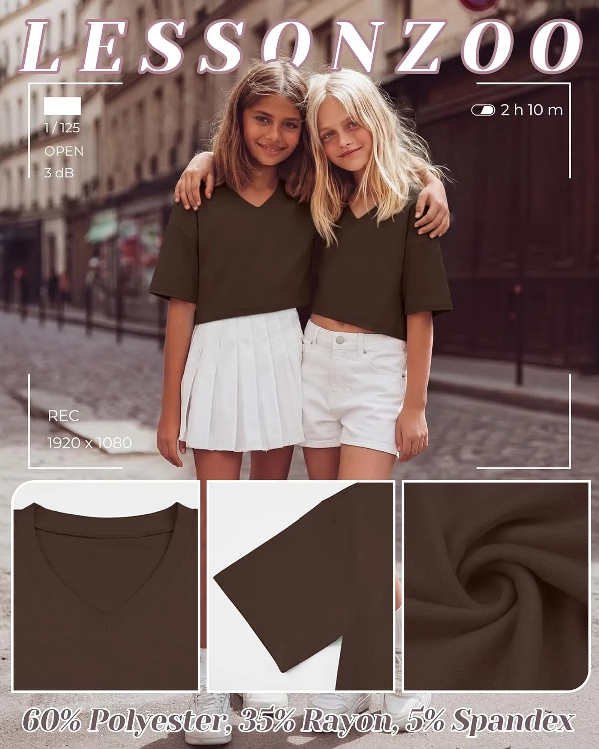 Детские топы с V-образным вырезом, коротким рукавом, 4 шт, LessonZoo, Black, Cream, Khaki, Brown, 5-14 лет — фото 4
