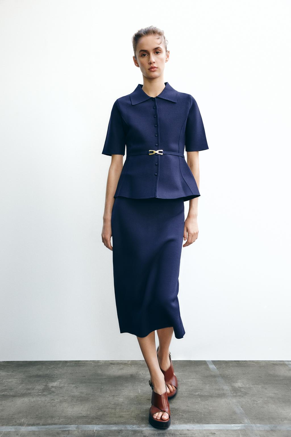 

Однотонная трикотажная юбка миди ZARA, цвет Ink blue