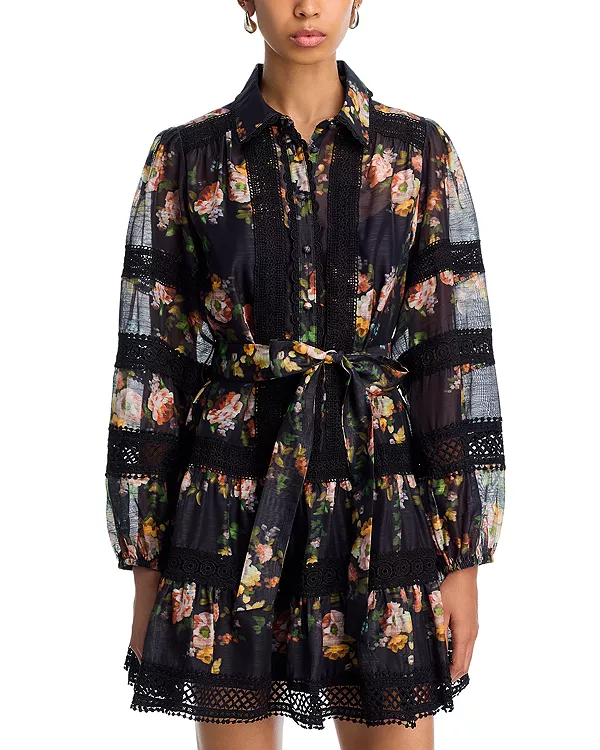 

Мини-Платье с длинными рукавами и кружевной вставкой в виде роз - эксклюзивное. Aqua, мультиколор