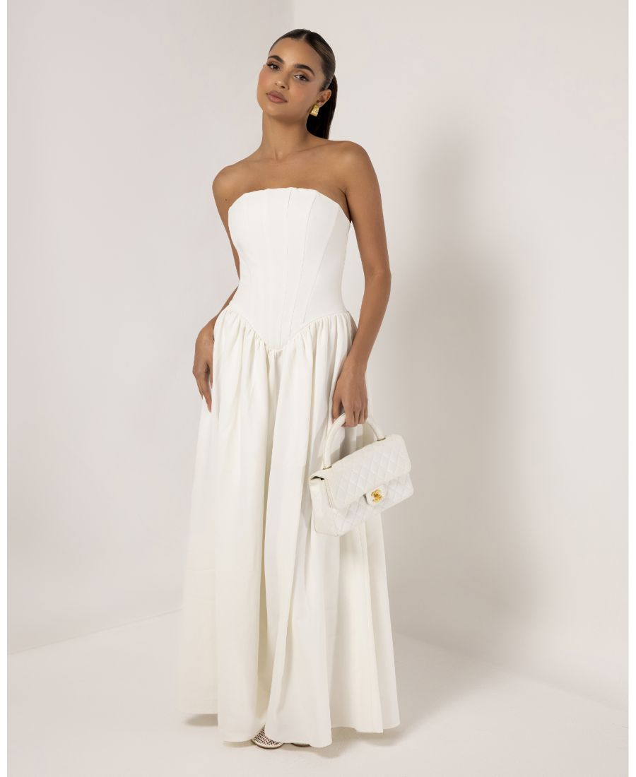 

Женское макси-платье без бретелей из крепа с расклешенной юбкой и корсетом Heiress Beverly Hills, White