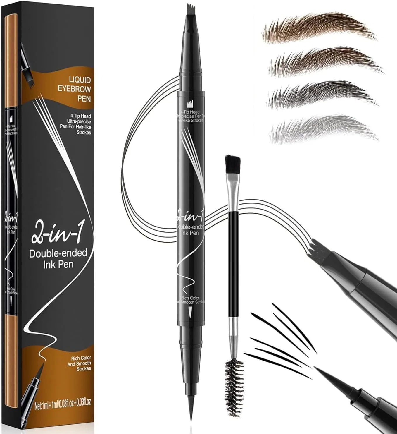 Карандаш для бровей Microblading, 2-в-1, с 4-зубчатым наконечником и щеточкой, водостойкий, черный