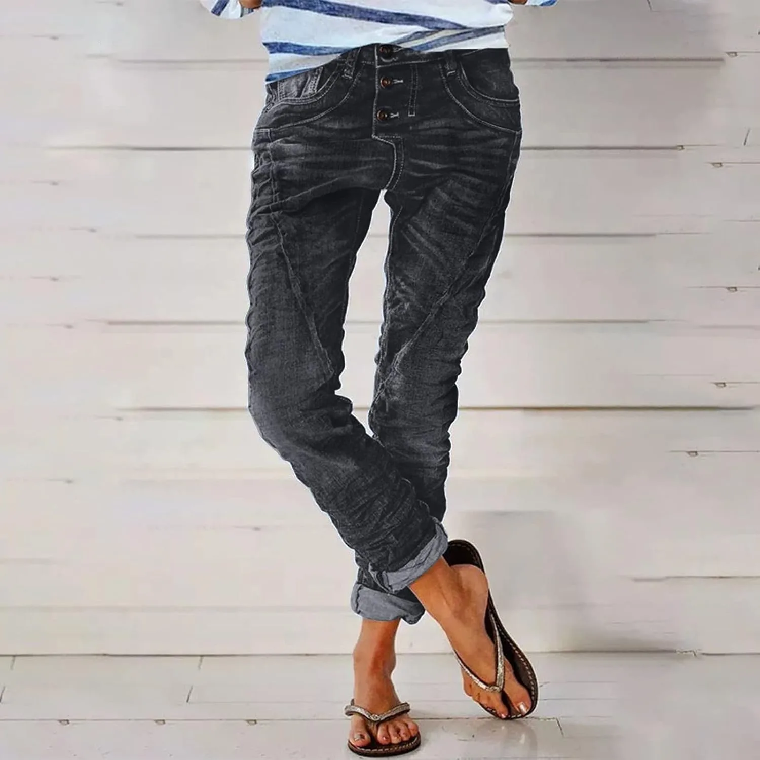 Джинсы High Rise для женщин Loose Washed с Polished Waist и Ripped эффектом — фото 2