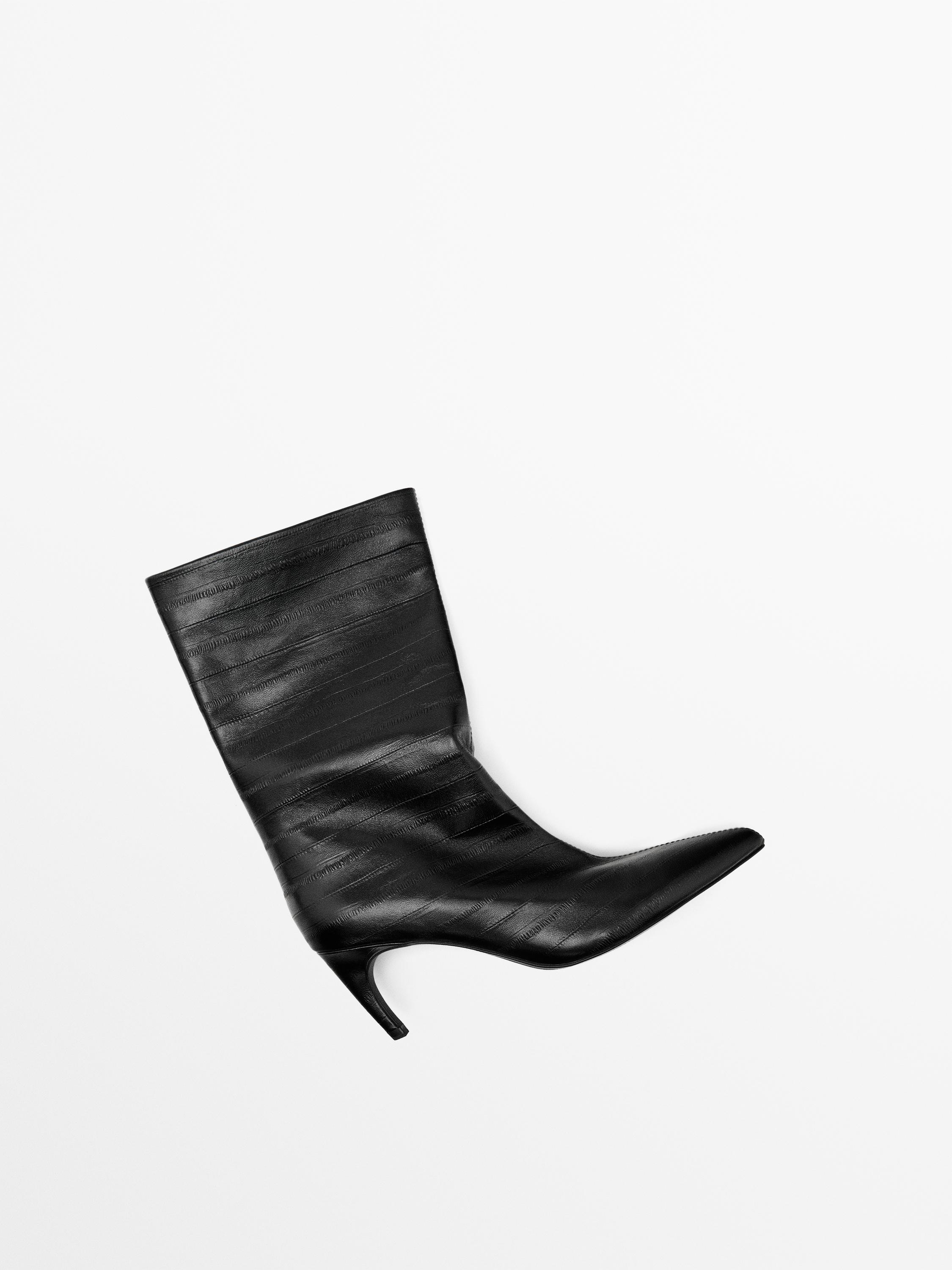 Ботильоны из тисненой кожи на высоком каблуке Massimo Dutti, черный — фото 4