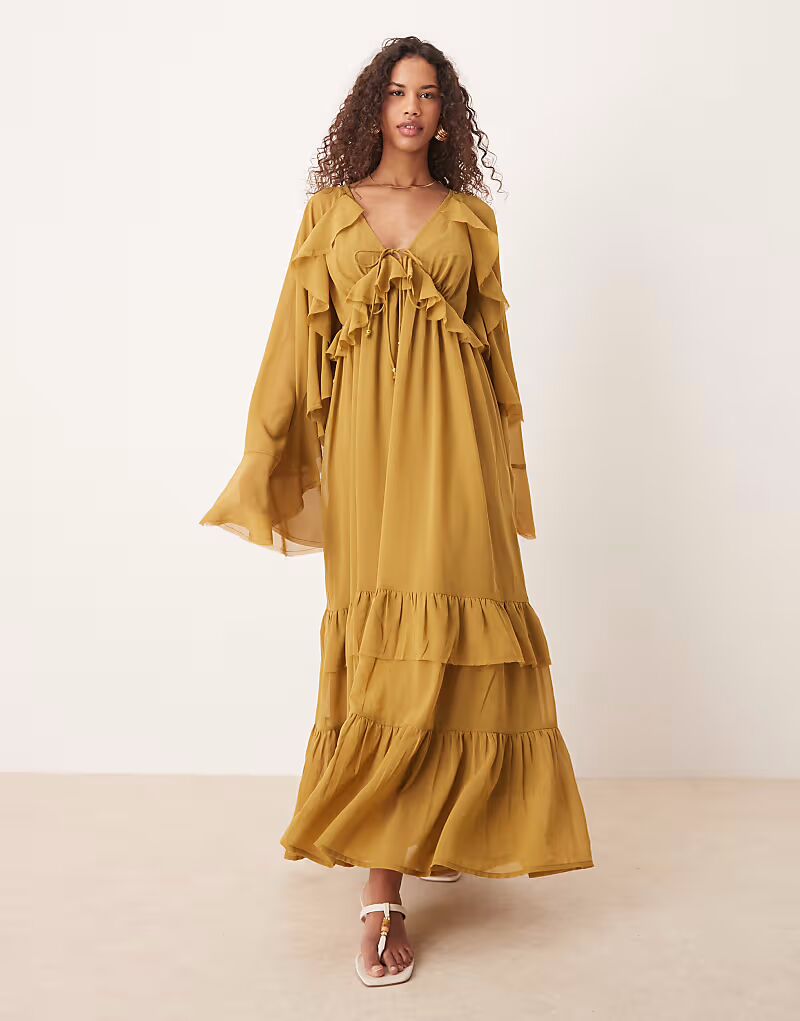 

Платье мидакси ASOS DESIGN с длинными рукавами, V-образным вырезом и завязками оливкового цвета
