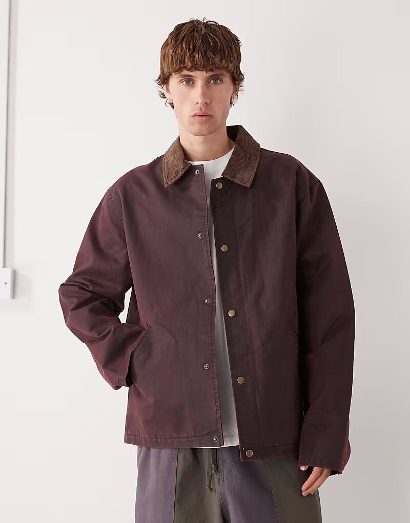 

Восстановленная винтажная вощеная куртка с контрастным воротником из шнура бордового цвета Reclaimed Vintage