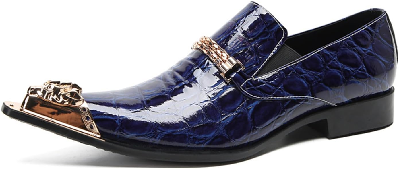 

Мужские туфли, лоферы из натуральной кожи, слипоны для повседневной и деловой носки, большого размера, низкие, с металлическим острым носком, дышащие модные туфли, 38 EU, синие Manyubei