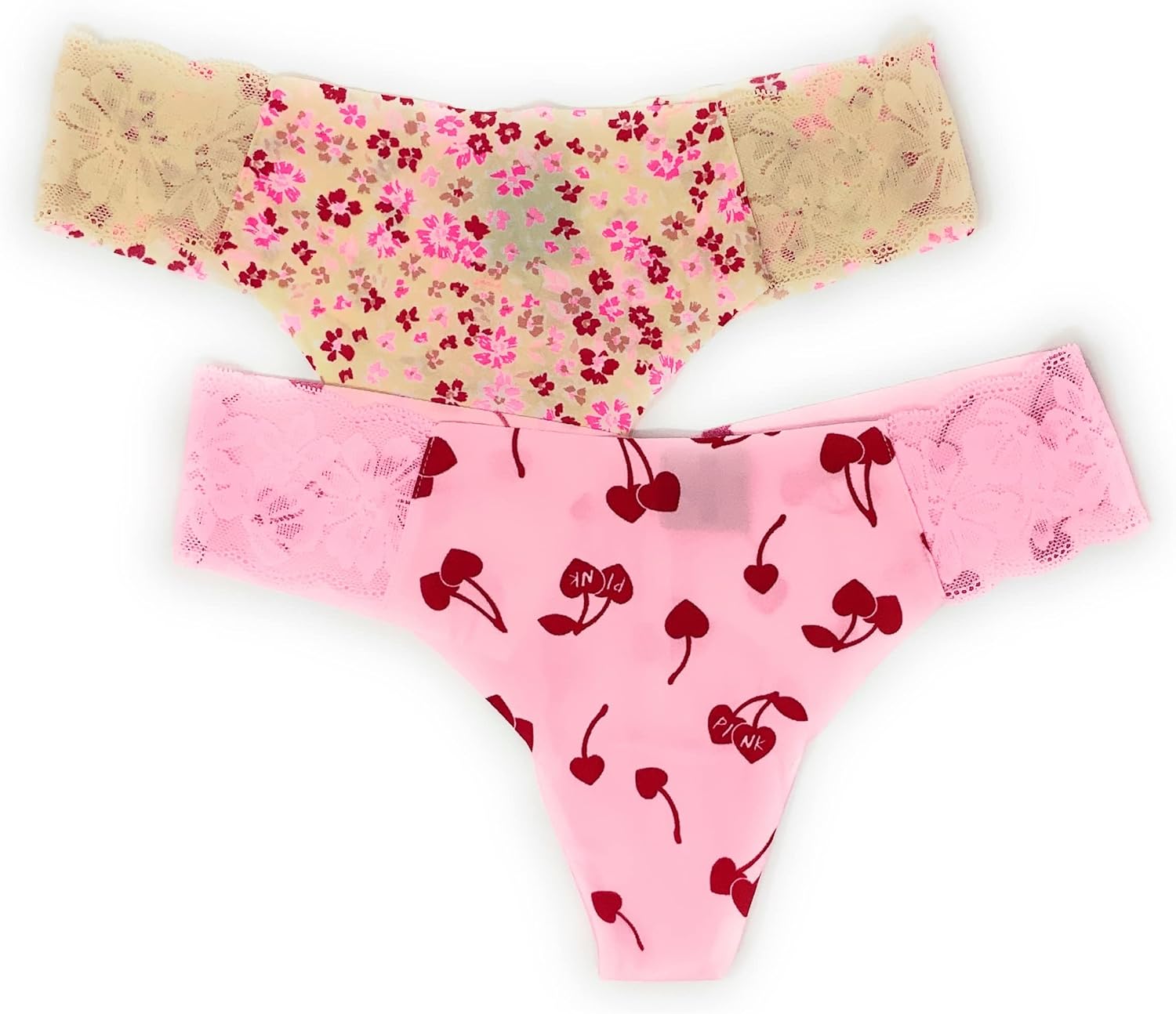 

Victoria's Secret Pink трусики-стринги No-Show, набор из 2 штук, Floral/Cherries