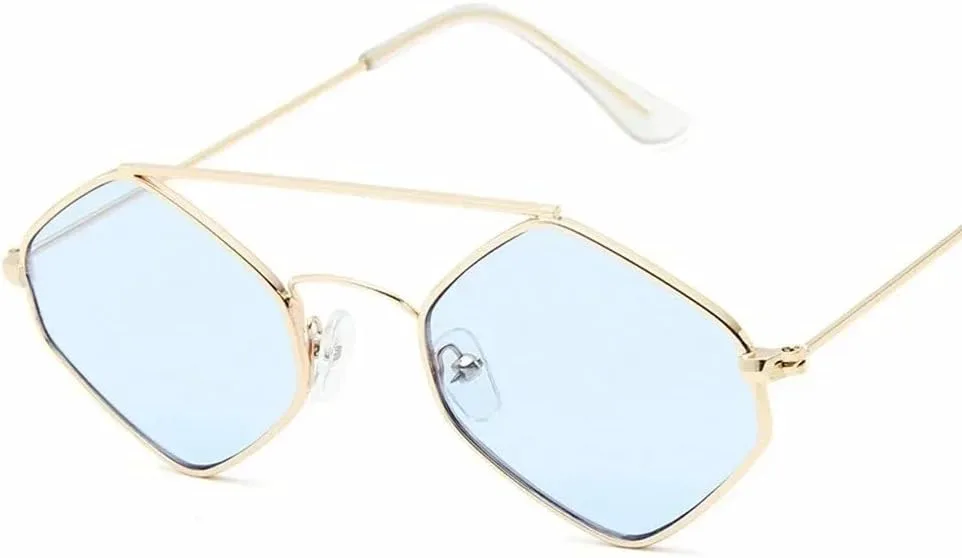 

Женские солнцезащитные очки Polygonal Ocean с ретро-металлической оправой и двойным оправным дизайном, флуоресцентного однотонного цвета GHVWYX, 4-gold-blue