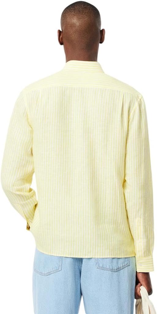 Рубашка мужская Lacoste с длинным рукавом в полоску, Regular Fit, из основной коллекции, Льняная, желто-белый — фото 3