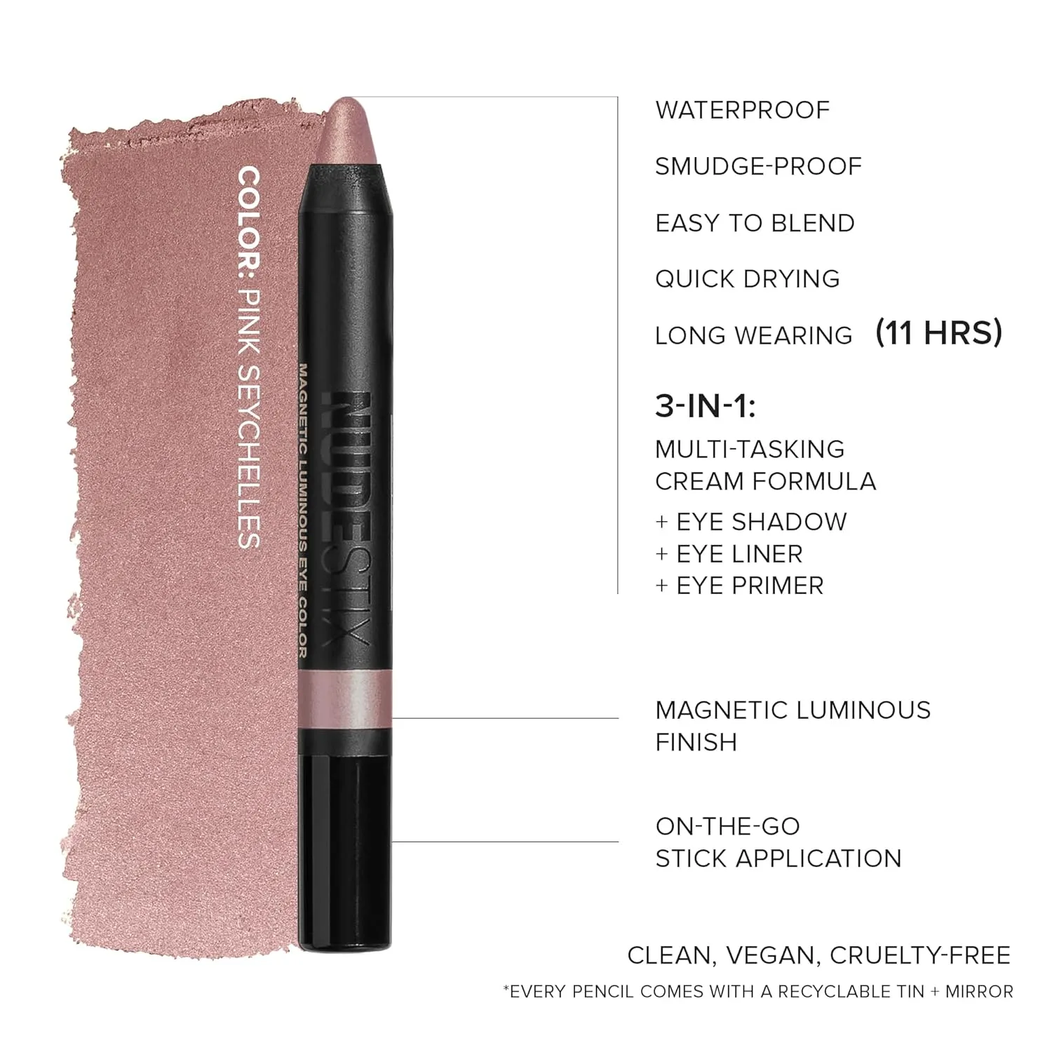 Nudestix Magnetic Luminous Eye Color - кремовые тени-карандаш 4-в-1, подводка для глаз, праймер и хайлайтер | Стойкий, водостойкий сатиновый финиш | Веганский продукт, не тестируется на животных, pink seychelles — фото 4