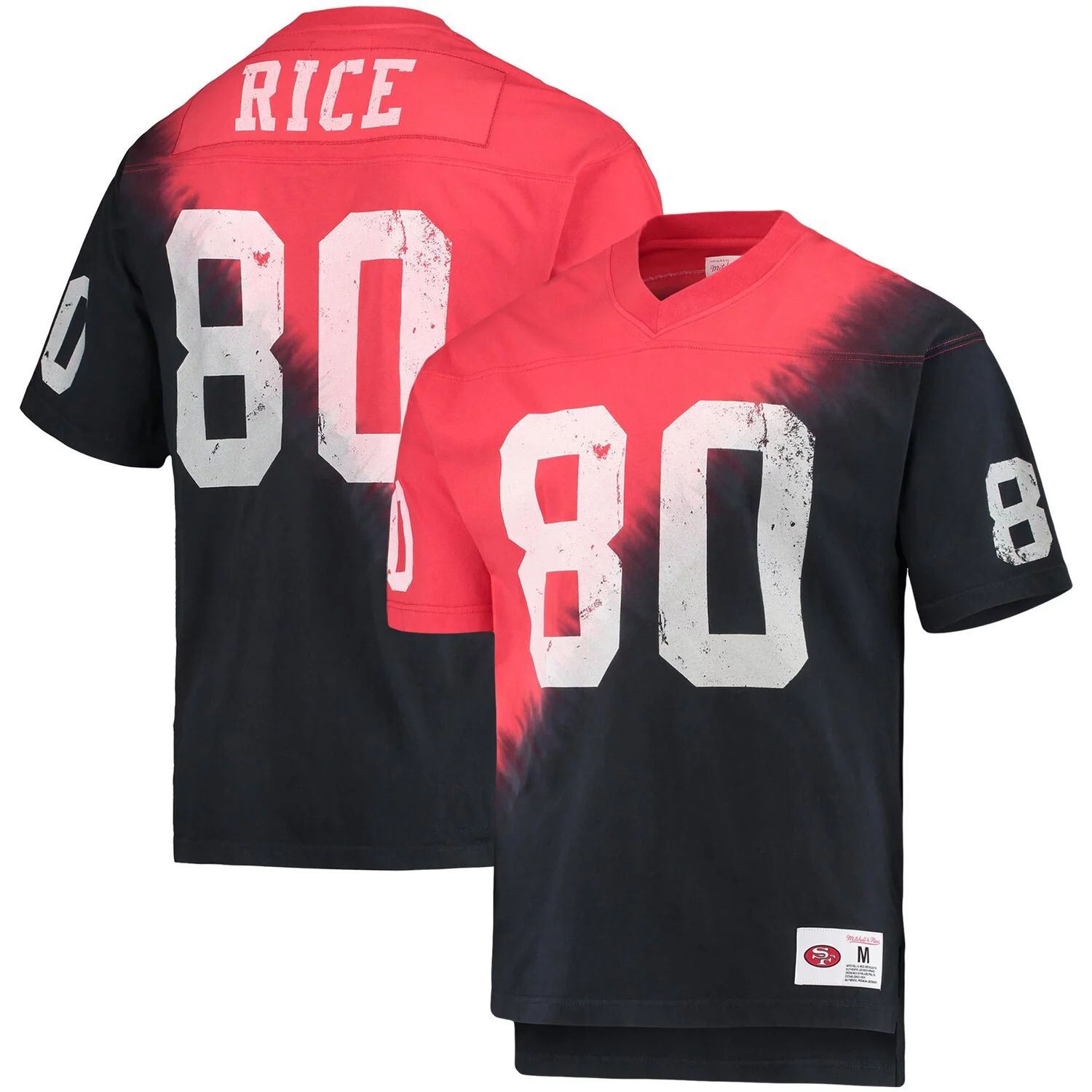 

Мужская футболка Mitchell & Ness Jerry Rice, черная/красная, San Francisco 49ers, имя и номер игрока в отставке, диагональная футболка с V-образным вырезом и узором тай-дай, Черный, Мужская футболка Mitchell & Ness Jerry Rice, черная/красная, San Francisc