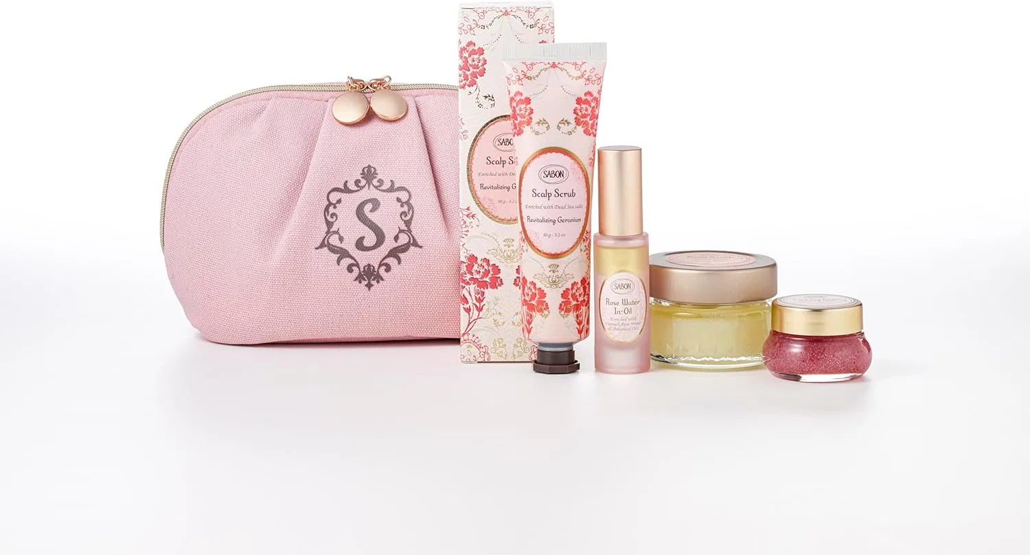 Набор для путешествий SABON Rose: скраб для головы, масло, полироль, скраб для тела 90г+10мл+15мл+60г