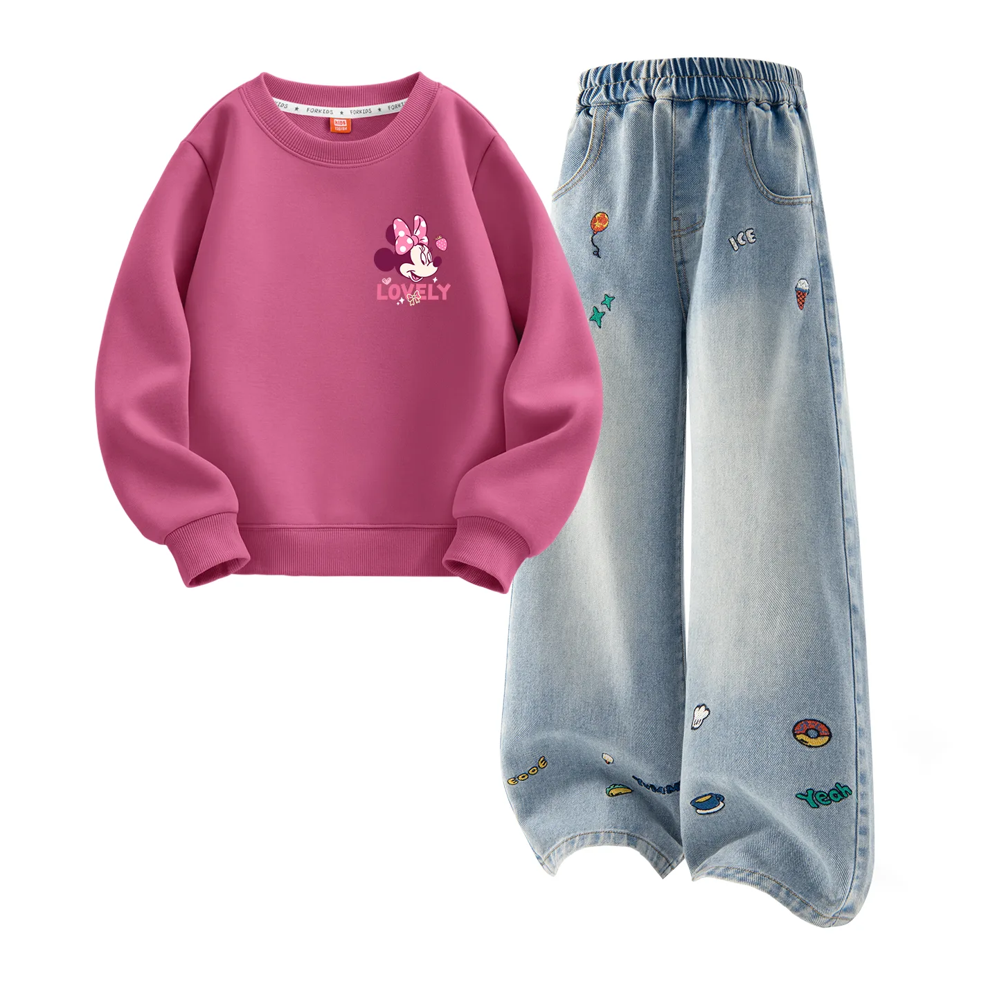 Детская повседневная спортивная футболка с круглым вырезом Disney, Di Butterfly Berry Red+Solid Color Denim Blue — фото 3