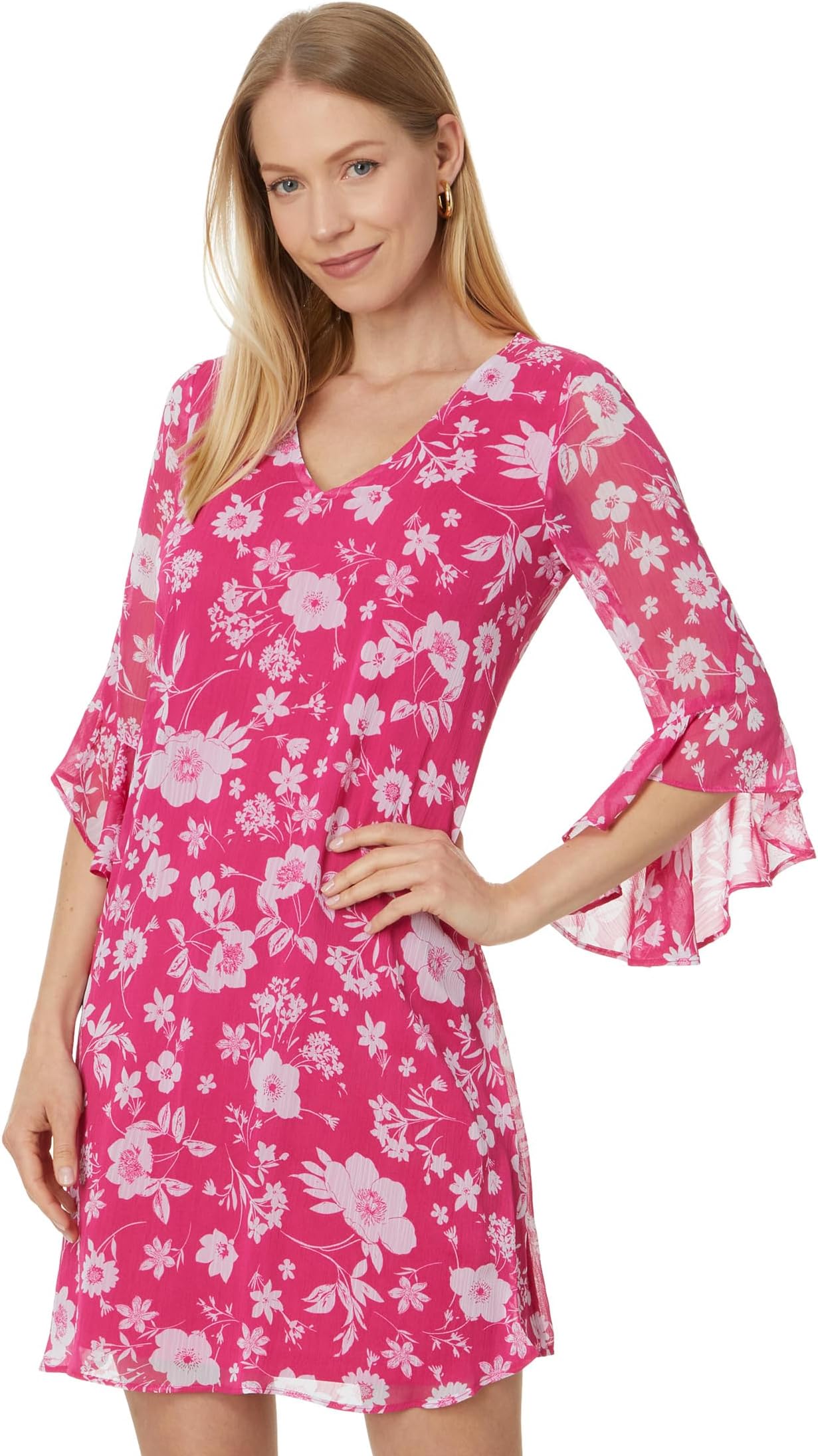 

Платье Calvin Klein Short Chiffon Dress with Bell Sleeves, цвет Hibscus/White
