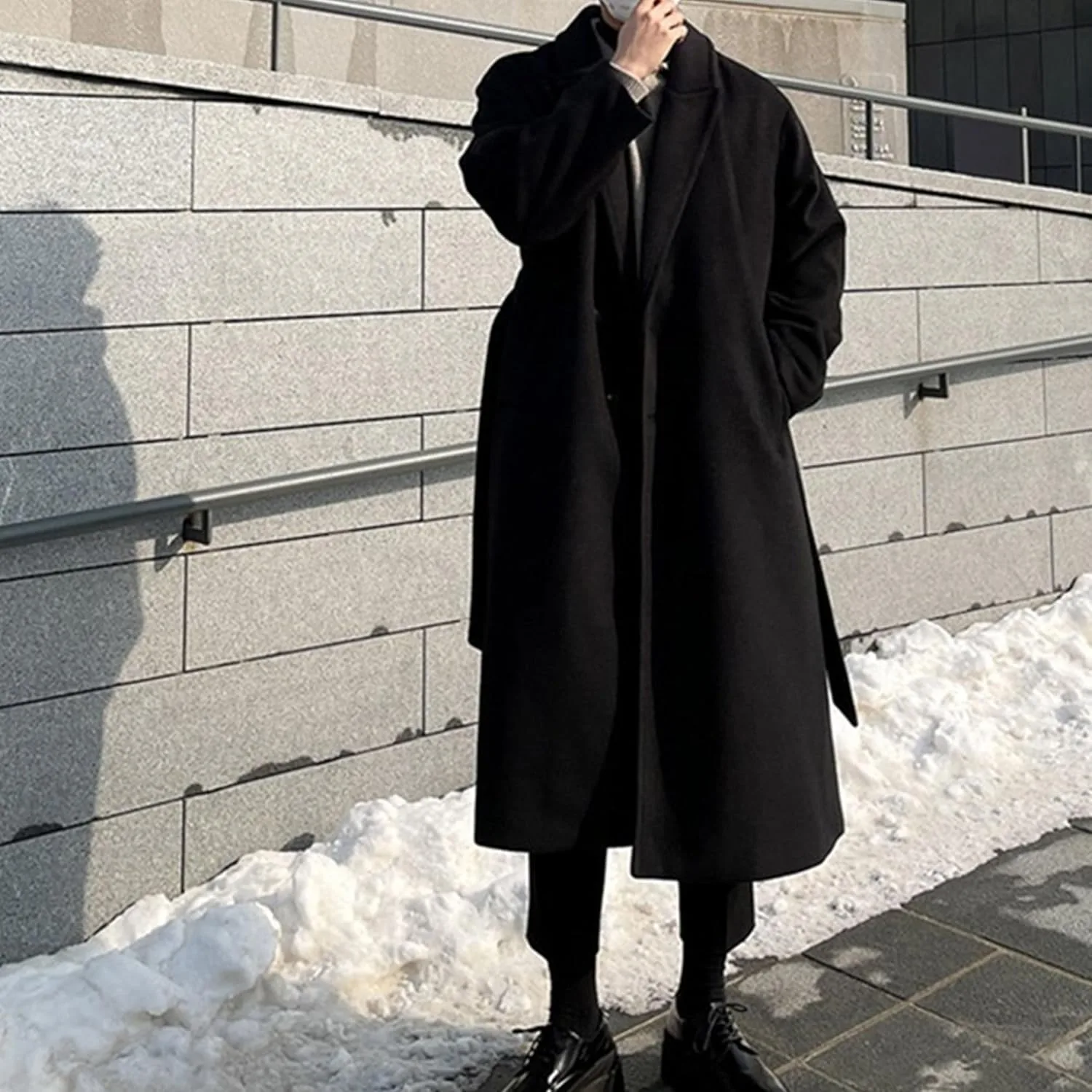 Пальто pea coat для мужчин, тренч с лацканом, двубортное, с поясом, из шерстяной смеси, теплое зимнее пальто Generic, черный — фото 2