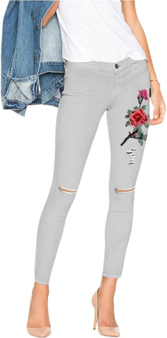 

Женские джинсы с высокой посадкой, рваные, с цветочной вышивкой, облегающие RSBFK