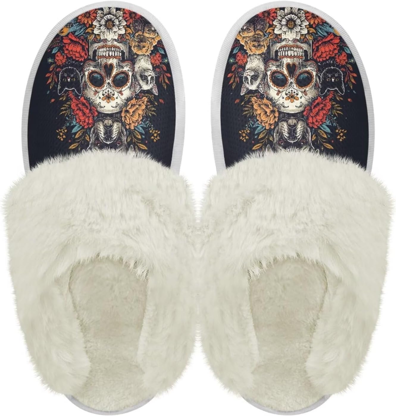 

Тапочки chaqlin Fuzzy из плюша для женщин и мужчин, мягкие, комфортные, легкие, из фланели с меховой отделкой, с нескользящей водонепроницаемой подошвой для дома и улицы, Skull Boho Floral Cat Dog