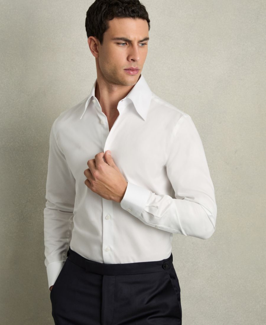 

Мужская хлопковая рубашка прямого кроя с воротником-стойкой REISS, White