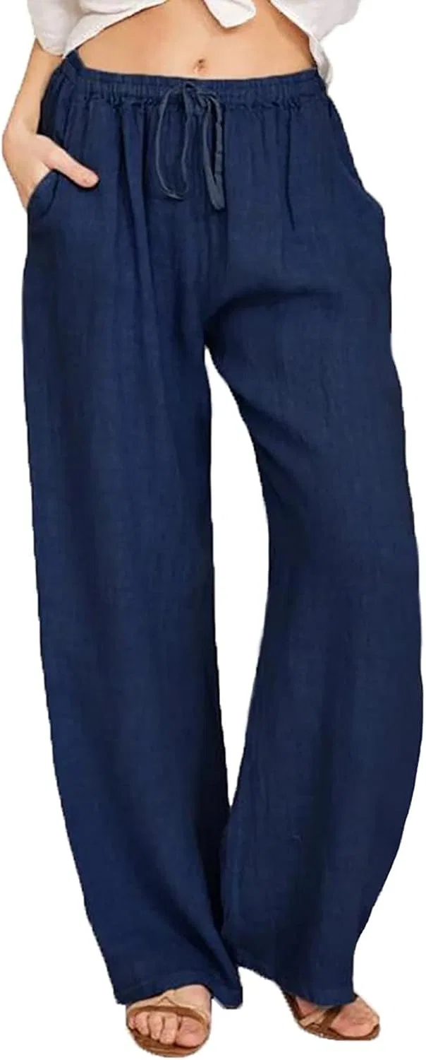 Женские широкие брюки из хлопка и льна, на завязке, с карманами, Navy