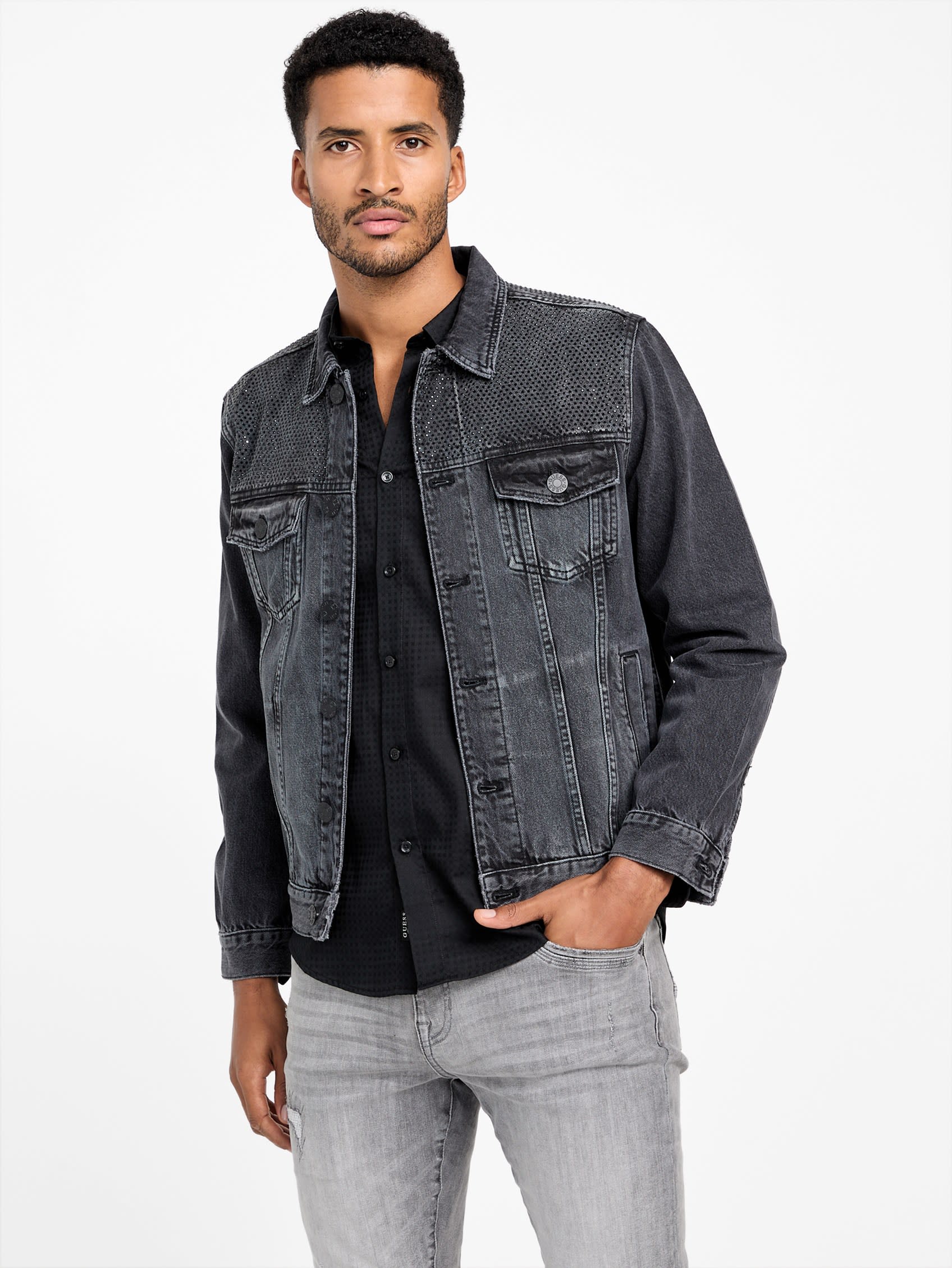 

Украшенная джинсовая куртка Kelsey Guess Factory, цвет black wash 30 inseam